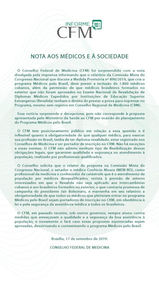 SMCC apoia posição do CFM quanto a questão envolvendo Programa Médicos pelo Brasil