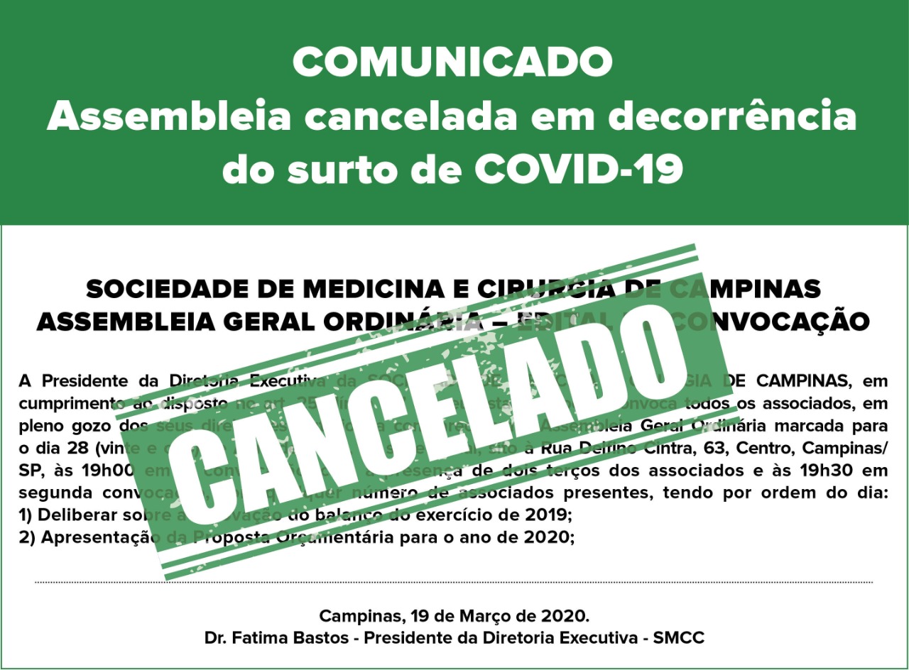 Assembleia  Geral Ordinária da SMCC está cancelada em decorrência do surto de COVID-19