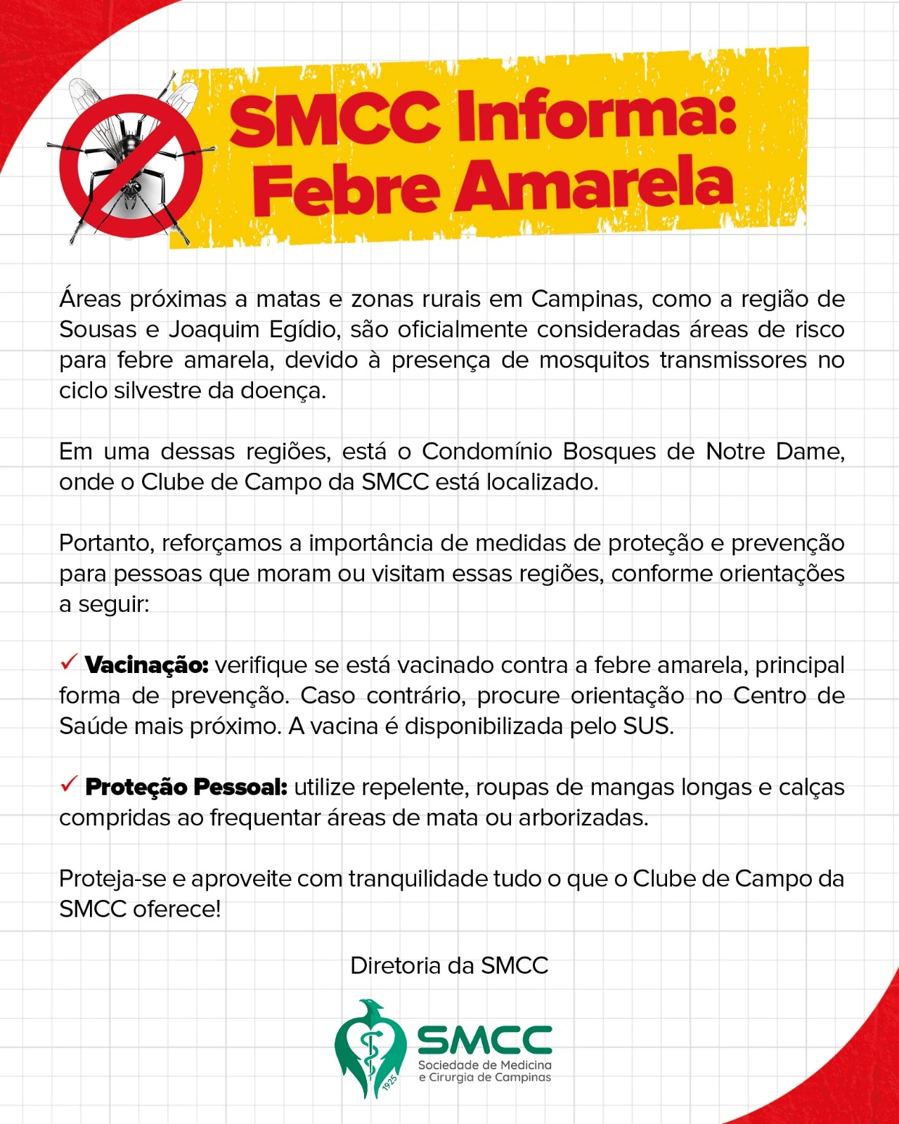 SMCC alerta sobre prevenção de febre amarela em áreas de risco